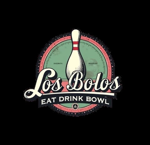 Los Bolos Eat Drink Bowl logo featuring a white bowling pin on a green and red circular background